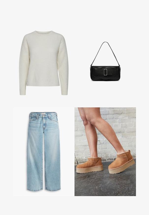 Pull crème en tissu doux et texturé. Il présente un col rond, des épaules baissées et un ourlet côtelé.; Jean large bleu clair en denim, avec une taille haute, une fermeture à boutons et un ourlet effilé. Coutures visibles et poches.; Bottines en suède marron avec une doublure en peluche, semelle épaisse en beige et une poignée à l'arrière. Surface texturée avec des détails de couture visibles.; Sac à main en cuir noir au design épuré, avec un corps plat, une bandoulière réglable et un accent en boucle rectangulaire argentée à l'avant.