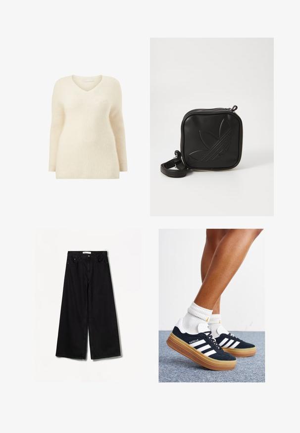 Ellos Collection DREAMY - Striktrøje - weiß; Bershka WIDE-LEG - Wide leg - black; Sorte sneakers i ruskind med hvide striber og detaljer, rundet tå, ydersål i gummi, kombineret med hvide ribstrikkede crew sokker.; Sort kvadratisk crossbody taske lavet af tekstureret syntetisk materiale. Har et prægede logo design og justerbar strop. Lynlåslukning.