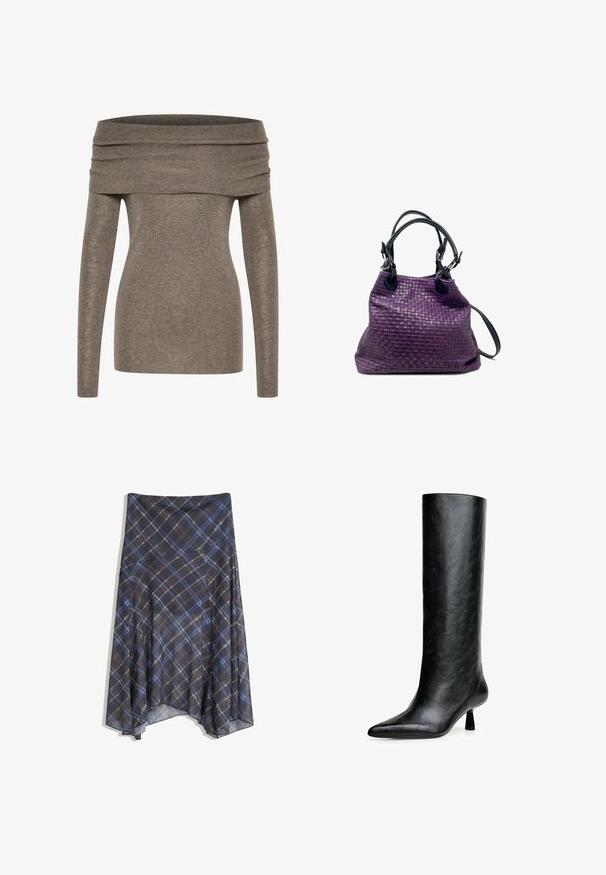 Top off-shoulder in un morbido tessuto grigio-bruno a righe sottili. Maniche lunghe, design aderente e un ampio scollo piegato accentuano la silhouette.; Gonna a quadri nera con linee blu e marroni, design fluido, di lunghezza media, realizzata in tessuto leggero con una texture morbida.; Stivale nero al ginocchio realizzato in pelle testurizzata. Caratterizzato da una punta affilata e un tacco piccolo e svasato. Design elegante e liscia con accentuazioni minime.; Borsa a mano in pelle intrecciata viola con dettagli neri, dotata di due manici e di una tracolla regolabile. Motivo testurizzato su tutta la superficie.