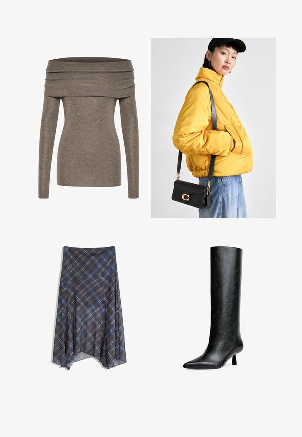 Off-Shoulder-Oberteil aus einem weichen, gerippten grau-braunen Stoff. Lange Ärmel, taillierte Passform und ein breiter, gefalteter Ausschnitt betonen die Silhouette.; Schwarzer Karorock mit blauen und braunen Linien, fließendes Design, knielang, aus leichtem Stoff mit glatter Textur.; Schwarze kniehohe Stiefel aus strukturiertem Leder. Mit spitzem Zeh und kleinem, ausgestellt Absatz. Schlankes, glattes Design mit minimalen Akzenten.; Gelbe gepolsterte Jacke mit hohem Kragen und Fronttasche, kombiniert mit einer schwarzen Umhängetasche mit goldenen Beschlägen. Lässige Denim-Hosen.