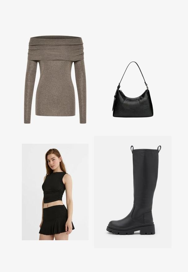 Off-Shoulder-Oberteil aus einem weichen, gerippten grau-braunen Stoff. Lange Ärmel, taillierte Passform und ein breiter, gefalteter Ausschnitt betonen die Silhouette.; Schwarz, zweiteiliges Outfit mit einem ärmellosen, cropped Top mit Raffung und einem ausgestellten Minirock, beides aus einem glatten, dehnbaren Stoff.; Schwarze kniehohe Stiefel aus glattem Leder mit einer dicken Sohle und leichtem Absatz. Verfügt über Ziehschlaufen und elastische Seitenpanels für ein einfaches Anziehen.; Schwarze Handtasche aus synthetischem Leder mit geschwungener Form, kurzen Tragegriff, Reißverschlussverschluss und einem dezenten strukturierten Muster auf der Oberfläche.