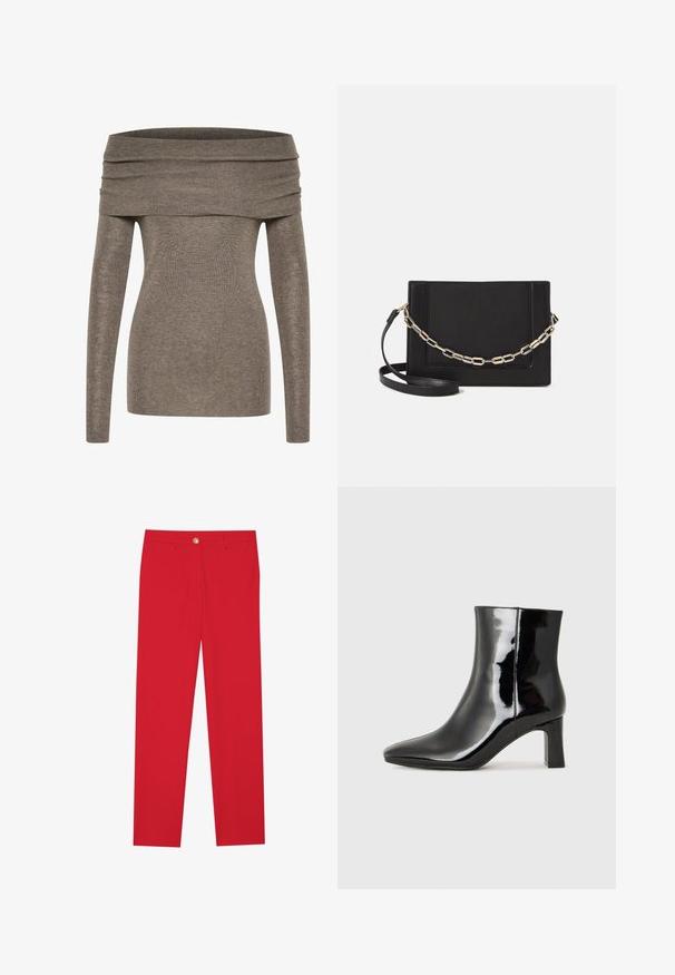 Olkapäiden paljastava paita pehmeästä, ribatusta harmaanruskeasta kankaasta. Pitkät hihat, vartalonmyötäinen muotoilu ja leveä taitettu pääntie korostavat siluettia.; Punaiset housut suoranlahkeisella leikkuulla, tasaisella etupuolella, yhdessä nappisulkimella ja kahdella sivutaskulla. Sujuva kangas ilman näkyviä kuvioita tai yksityiskohtia.; Musta patenttilakattu nilkkuri, jossa on terävä kärki ja keskipitkä lohkarekorko. Silkkinen pinta ja minimalistinen muotoilu.; Musta nahkainen olkalaukku, jossa on sileä pinta, suorakulmainen muoto ja metalliketju yksityiskohtana edessä. Mukana säädettävä hihna.