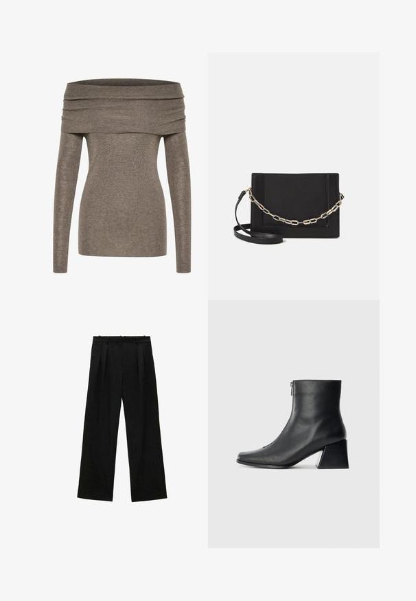 Olkapäiden paljastava paita pehmeästä, ribatusta harmaanruskeasta kankaasta. Pitkät hihat, vartalonmyötäinen muotoilu ja leveä taitettu pääntie korostavat siluettia.; Mustat leveälahkeiset housut, joissa on pleateja, sileä textuuri ja korkea vyötärömalli. Minimalistinen tyyli, ei näkyvää varustelua tai koristeita.; Mustat nahka nilkkurit, joissa on nelikulmainen kärki, sivuvetoketju ja lohkarekorko, taustalla vaalea yksinkertainen tausta.; Musta nahkainen olkalaukku, jossa on sileä pinta, suorakulmainen muoto ja metalliketju yksityiskohtana edessä. Mukana säädettävä hihna.