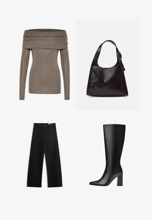 Top bez ramena izrađen od mekog, rebrastog materijala sive-smeđe boje. Dugi rukavi, uski kroj i široki preklopni izrez naglašavaju siluetu.; Crne široke traperice s visokim strukom, s prednjim i stražnjim džepovima, šivenim šavovima i kopčanjem na gumb. Glatka tekstura.; Crne čizme do koljena napravljene od umjetne kože s šiljastim vrhom, glatkom teksturom i debelom blok petom. Minimalistički dizajn bez vidljivih akcenata.; Smeđa kožna torba preko ramena s glatkom teksturom, zaobljenim oblikom, širokim remenom i kružnim metalnim akcentom na ručki.