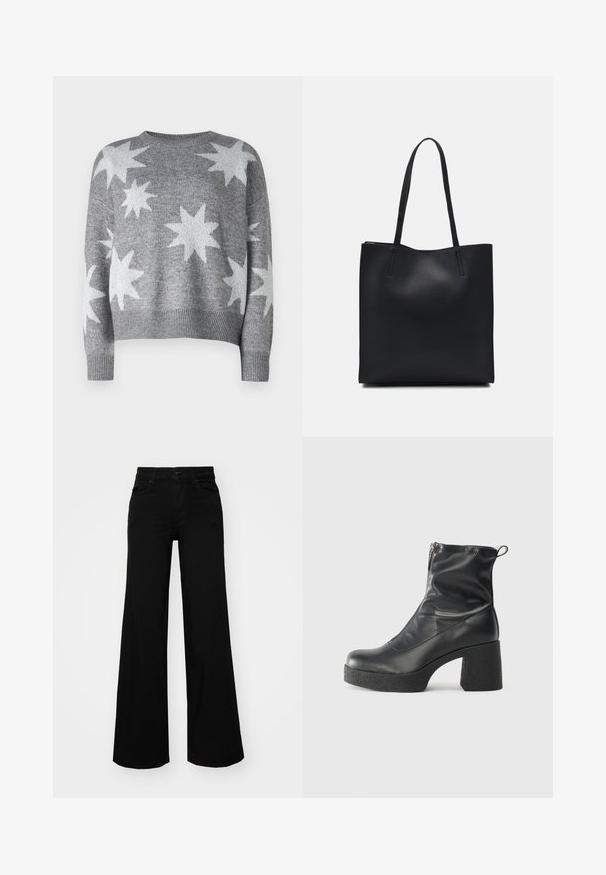 Gray knitted sweater featuring white star patterns, rounded neckline, and ribbed cuffs and hem. Cropped design with a soft texture.; Black wide-leg pants made of denim, featuring a structured waistband, belt loops, and front pockets. Smooth texture with a classic design.; Black ankle boots made of smooth leather, featuring a side zipper, chunky textured heel, and rounded toe design.; Black leather tote bag with smooth texture, rectangular shape, and two long handles. No visible hardware or embellishments.