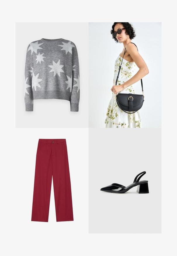 Gray knitted sweater featuring white star patterns, rounded neckline, and ribbed cuffs and hem. Cropped design with a soft texture.; Wide-leg pants made of smooth, textured fabric in a deep red color. Features front pockets and a single button closure at the waist.; Black patent leather slingback heels with a pointed toe and a geometric block heel. Features a sleek, minimal design and smooth texture.; Black leather handbag with a curved shape, detachable strap, and gold hardware. The bag features a flap with a buckle detail.