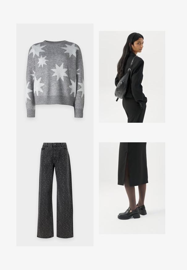 Pilkos megztinės su baltomis žvaigždžių formomis, apvaliu kaklu ir raštuotais rankogaliais bei apatine dalimi. Sutrumpintas dizainas su minkšta tekstūra.; Noisy May NMJANNEL LOOSE - Laisvo kirpimo džinsai - black denim; Juodos odinės bateliai su apvaliu nosiu, stora blokine pakulne ir elastingais šonais, derinami su tamsiomis pėdkelnėmis ir juoda sijonu su plyšiu.; Moteris su ilgais tamsiais plaukais, vilkinti juodą kostiumą, nešanti juodą odinę rankinę per petį, žvelgia per petį prieš balto fono.; Sidabrinės pusmėnulio auskarai minimalistiniu dizainu. Apskritimo forma, lygus paviršius ir plonas profilis. Lengvi su poliruotu apdailu.