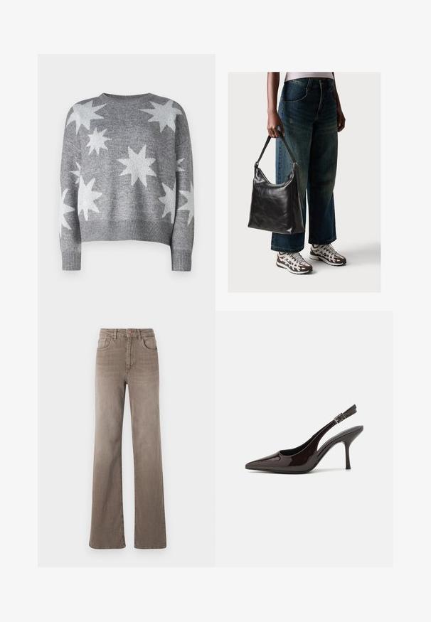 Szürke kötött pulóver fehér csillagmintákkal, kerek nyakkivágással, bordázott mandzsettákkal és alsó résszel. Rövidített fazon, puha tapintással.; Barna, magas derekú, egyenes szárú farmernadrág elülső gombbal, övhurkokkal és klasszikus öt zsebes kialakítással, fehér háttér előtt.; Fényes sötétbarna lakkbőr magas sarkú slingback cipő, hegyes orral, nyitott oldalakkal és állítható bokapánttal.; Fekete bőr válltáska sima textúrával és állítható pánttal, melyet elnyűtt, bő szárú farmernadrággal és sportcipőkkel párosítottak.