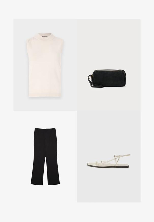 Hihaton, vaaleankerman värinen neulepaita, jossa on korkea kaulus ja ribbaushelma. Pehmeä rakenne ja istuva muotoilu, sopii kerroksittain käytettäväksi tai itsenäiseksi vaatteeksi.; Mustat housut suoralinjaisella leikkauksella, joissa on etutaskut ja sivurei'ät helman alla. Valmistettu pehmeästä ja sileästä kankaasta. Sopii eri tilaisuuksiin.; Beige litte sandaalit, joissa on useita hoikkia hihnoja ja säädettävä solki. Pohja on litteä, ja reunassa on kevyt tumma kontrasti.; Musta nubukista valmistettu ristikkokassi, jossa on vetoketjusulku ja irrotettava rannekapseli. Varustettu kultasävyisillä osilla ja sileällä, matalla pinnalla.