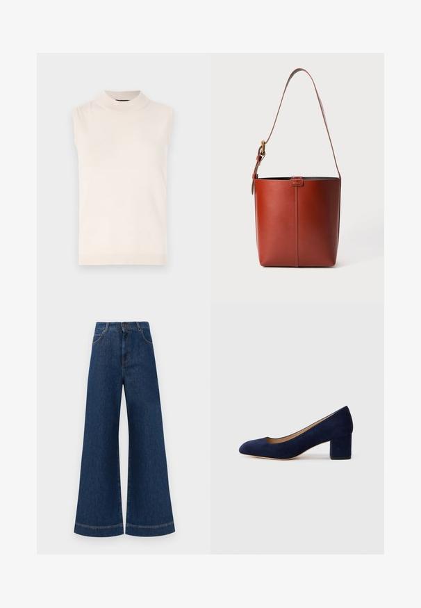 Bežinės spalvos be rankovių megztinis su aukšta apykakle ir banguotu apvadu. Minkštas tekstūros ir prigludęs dizainas, tinkamas sluoksniavimui arba dėvėjimui atskirai.; Plati mėlynos džinsinės kelnės su aukštu liemeniu, turinčios mygtukų užsegimą, diržo kilpas ir subtilius siuvinėjimo akcentus ant kišenių bei apdailos.; Tamsiai mėlynos zomšos bateliai su smailiu nykščiu ir vidutinio aukščio blokiniu kulnu. Lygi tekstūra su subtiliu blizgesiu ir mažas įpjovimas priekyje.; Rudos odos kibirėlio tipo krepšys su reguliuojamu petiniu diržu ir auksinės spalvos sagtimi, priekyje paprasti vertikalūs siūlai.