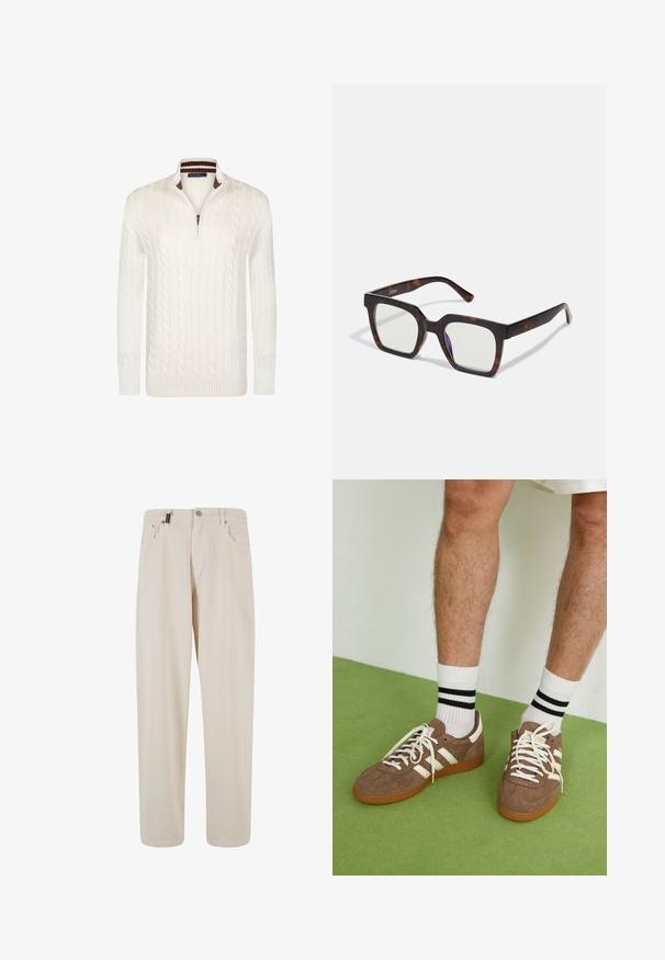 Maglione crema a trecce con colletto zip, caratterizzato da polsini e orlo a coste. Texture morbida e motivo di lavorazione uniforme.; Camicia bianca a maniche lunghe con bottoni, realizzata in un tessuto liscio. Caratterizzata da un colletto classico, bottoni frontali e polsini con un bottone. Design slim fit.; Pantaloni in cotone beige con design a gamba dritta, dotati di tasche anteriori e chiusura a bottone. Texture liscia con dettagli minimi.; Sneaker in suede marrone con dettagli e lacci bianchi. Suola in gomma color gomma. Indossati con calzini bianchi con righe nere. Pavimento verde texturizzato.; Occhiali da sole quadrati con montatura in acetato tartarugato e lenti trasparenti. Presentano tempie larghe e una finitura opaca, che migliora la durabilità complessiva.