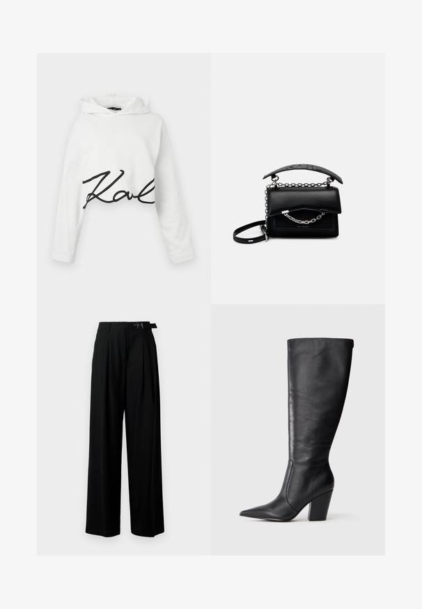 Bela skrajšana kapuca iz mehkega blaga z dolgimi rokavi in črnim napisom čez sprednji del. Gladka tekstura z udobnim krojem.; Črne široke hlače z visokim pasom, gubami spredaj in pasom z zaponko. Narejene so iz gladkega, lahkega materiala.; Črne usnjene škornje do kolen s koničastim nosom in debelim visokim peto, prikazane v levem bočnem profilu na beli podlagi.; Črna usnjena torbica s strukturirano zasnovo, poudarki iz verige in ročaji ter teksturirana površina. Ima pokrov z vidno blagovno znamko.