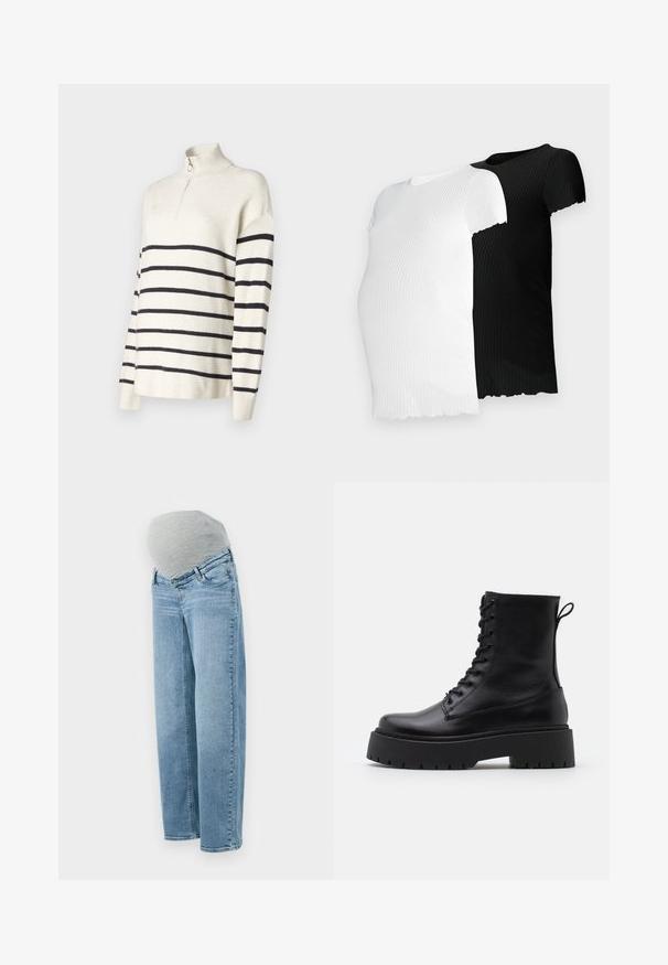 Krämsvettare med svarta horisontella ränder, dragkedja i nacken, ribbat mönster och avslappnad passform. Långa ärmar med design med sjunkna axlar.; Två kortärmade ribbade t-shirts, en i vitt och den andra i svart, med en vågig fåll och en tight passform.; Gravidjeans med en ljusblå tvätt, avslappnad passform och grå elastisk mageband för komfort och flexibilitet under graviditeten.; Svarta läderankelboots med rund tå, snörning framtill och en tjock gummisula med strukturerat mönster. Dragflik bak.