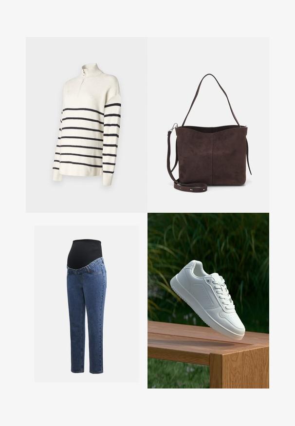 Roomwitte trui met zwarte horizontale strepen, ritskraag, geribbelde textuur en relaxed fit. Lange mouwen met een gedropte schouderdesign.; Zwangerschapsjeans met blauwe denim benen en een zwart rekbaar buikpaneel, ontworpen om een groeiende buik te ondersteunen en te bedekken.; Witte sneaker met een gladde synthetische bovenkant, geperforeerde neus, platte veters en een gestructureerde zool, tentoongesteld op een houten oppervlak.; Bruine suède schoudertas met een zachte textuur, voorzien van een enkele schouderband en een subtiele, gebogen bovenopening. Geen zichtbare hardwaredetails.