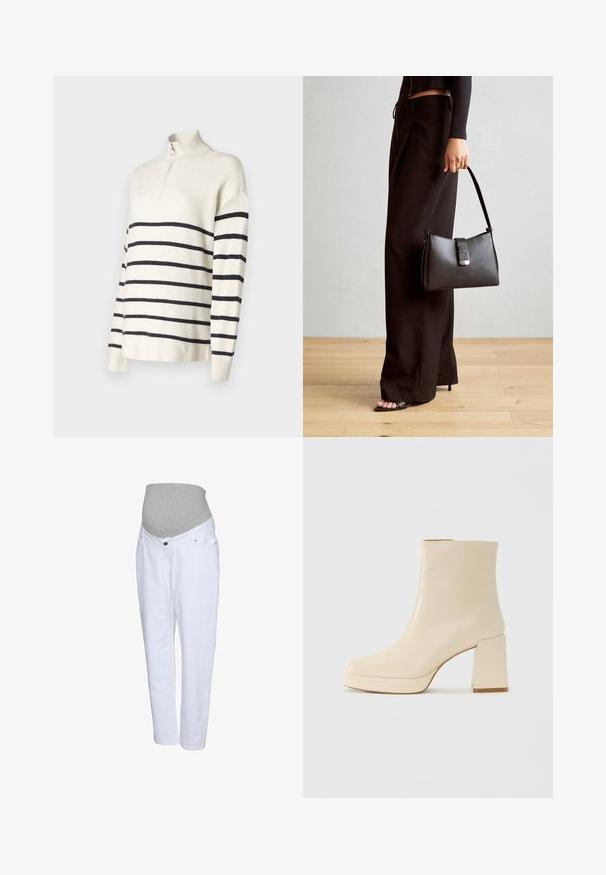 Pull crème avec des rayures horizontales noires, col zippé, texture côtelée et coupe décontractée. Manches longues avec un design à épaule tombante.; Jean de maternité blanc avec une ceinture élastique grise, dotée de poches avant et d'un design à jambe droite. Fabriqué en denim doux.; Botte chelsea en cuir beige avec un talon bloc et une semelle à plateforme, finition lisse et pointe légèrement carrée, tournée vers la gauche sur un fond blanc.; Sac à main noir à la forme structurée, texture lisse et fermoir métallique. Associé à un pantalon noir ample et des sandales ouvertes sur un sol en bois.