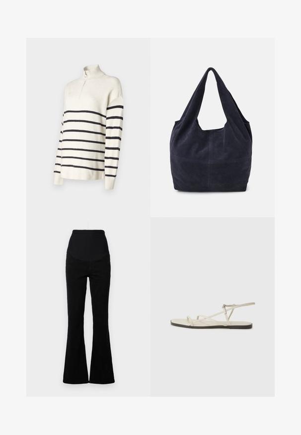 Cremiger Pullover mit schwarzen horizontalen Streifen, Reißverschlusskragen, gerippter Textur und lässiger Passform. Lange Ärmel mit überschnittenem Schulterdesign.; Schwarze, ausgestellte Jeans mit hoher Taille, aus Denim gefertigt. Verfügt über eine Fünf-Taschen-Optik und eine glatte Oberfläche mit gestickten Akzenten.; Beige flache Sandale mit mehreren schlanken Riemen und einer verstellbaren Schnalle. Die Sohle ist flach und hat einen leichten dunklen Kontrast am Rand.; Navy Blau Wildleder-Handtasche mit einer lässigen Form, breiten Schulterriemen und sichtbarem Steppnähdetail am Körper.