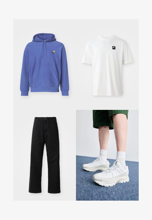 Modrá bavlnená mikina s predným vreckom, nastaviteľnou kapucňou na šnúrku a malým vyšitým logom na hrudi. Mäkká textúra a voľný strih.; Biela bavlnená tričko s krátkymi rukávmi a okrúhlym výstrihom; na ľavej strane hrudi má malé čierne obdĺžnikové logo Nike Air.; Čierne denimové nohavice so rovným strihom, vystúpené predné vrecká, zips a jedno horné gombík. Štruktúrovaná tkanina s matným povrchom.; Biele športové topánky s textúrovanými prešívaniami, robustnou podrážkou a sivými akcentami. Nosené s bielymi ponožkami po členky a zelenými šortkami na modrom povrchu.