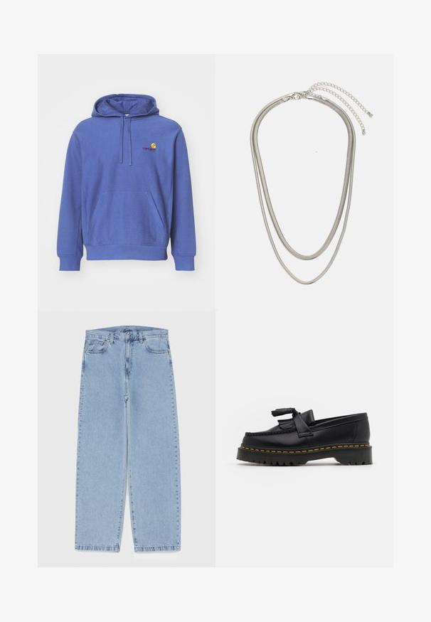 Plava pamučna dukserica s prednjim džepom, podešavom kapuljačom i malim vezom na prsima. Mekana tekstura i ležeran fit.; Svijetloplave traperice s ravnim nogavicama, sa srednjim strukom, pet džepova i zatvaranjem na dugme i patentni zatvarač.; Crna kožna loaferica s resicama, koja ima čvrst crni potplat i žute šavove duž ruba. Teksturirana završna obrada.; Necklace od tri sloja srebrnog metala s elegantnim, fleksibilnim lančićima blagog sjaja, zatvoren s karabinera i prilagodljivim lančićem.