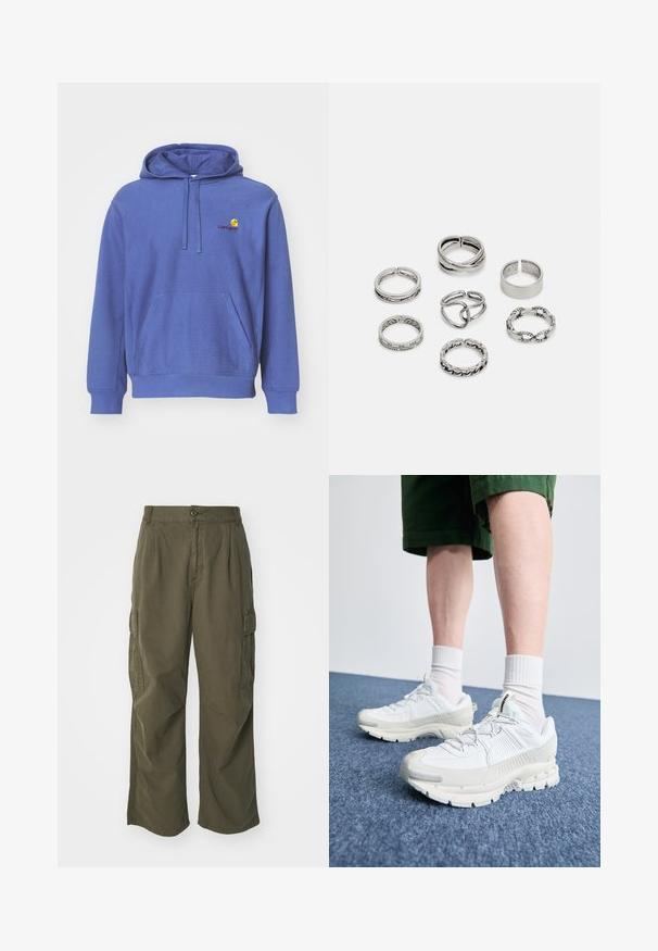 Blauwe katoenen hoodie met een voorzak, verstelbare trekkoordcapuchon en een klein geborduurd logo op de borst. Zachte textuur en casual pasvorm.; Cargo broek in olijfgroen, gemaakt van katoen, met een wijd broekontwerp, plooien en zijzakken voor utility.; Witte sportieve schoenen met textuuroverlays, een dikke zool en grijze accenten. Draag ze met witte crew-sokken en groene shorts op een blauwe ondergrond.; Set van zeven zilveren ringen met verschillende ontwerpen, waaronder gedraaide, verbonden en gegraveerde patronen. Verschillende vormen en breedtes.