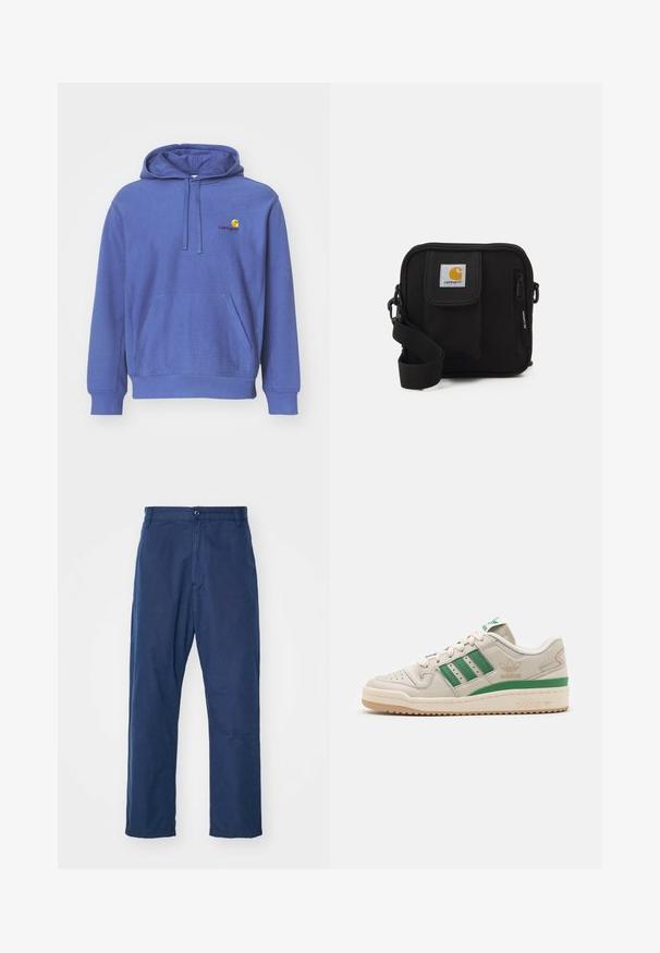 Kék pamut kapucnis pulóver elülső zsebbel, állítható zsinórral ellátott kapucnival és egy kis hímzett logóval a mellrészen. Puha tapintású és laza szabású.; Tengerészkék, egyenes lábú, pamut nadrág. Elöl gombos záródással és finom textúrával rendelkezik, oldalzsebekkel és övhurkokkal.; Adidas sportcipő bézs bőr felső résszel, zöld csíkokkal és gumitalppal. Pehelykönnyű nyakpárnázással és perforált orral rendelkezik a légáteresztés érdekében.; Fekete keresztbody táska cipzáras főrekesszel, elülső zsebbel, állítható pánttal és látható logóval a fedélen.