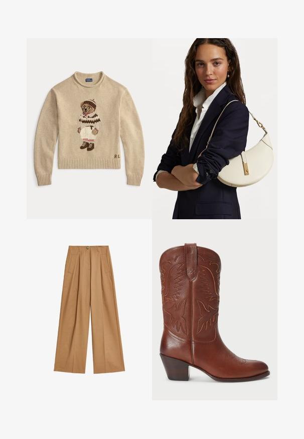 Béžový pletený svetr s vyšitým medvědem v bílém oblečení s hnědými doplňky a botami. Hladké manžety a lem. Na boku vyšité "R.L.".; Široké kalhoty v světle hnědé barvě, vyrobené z hladké tkaniny, s dvěma předními kapsami a středovým zapínáním na knoflík.; Hnědé kožené kovbojské boty s špičatou špičkou, embosovaným západním vzorem a naskládaným podpatkem. Obsahují prošívání a hladký povrch.; Bílá kožená kabelka zakřiveného tvaru, se zlatými doplňky a texturovaným povrchem, nošená přes tmavý blazer a bílou košili.