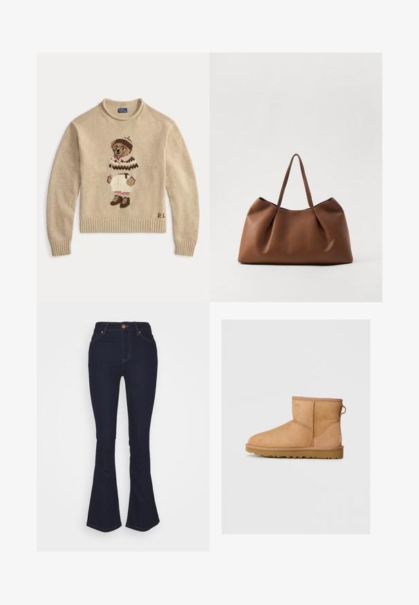 Beige gebreide trui met een geborduurde beer die een witte outfit met bruine accenten en laarzen draagt. Geribde manchetten en onderkant. "R.L." gestikt aan de zijkant.; Marks & Spencer Eva - Bootcut jeans - blue denim; Tan suède enkellaars met ronde neus, gestikte details, trekhaak aan de achterkant en een gestructureerde rubberen zool. Ontworpen voor comfort en warmte.; Bruine leren totebag met een zachte, gebogen vorm, voorzien van een geplooide textuur en twee stevige handvatten. Minimalistische stikselaccenten.
