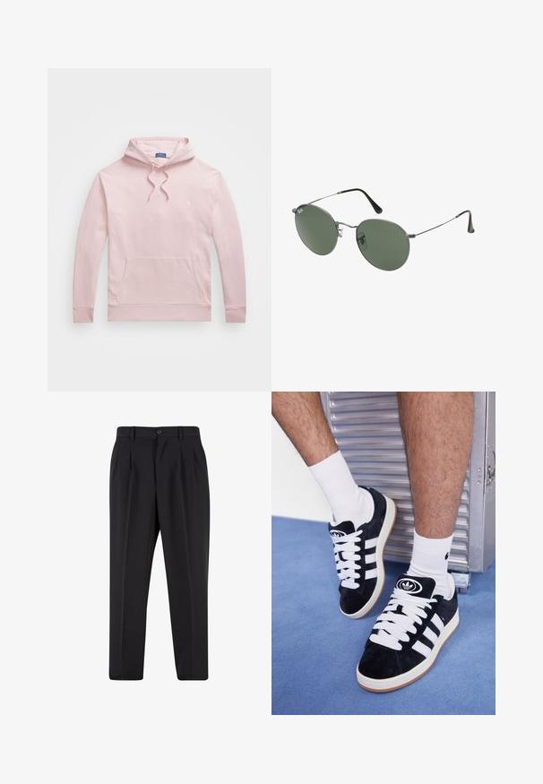 Polo Ralph Lauren Big & Tall LOOPBACK FLEECE HOODIE - Ikdienas džemperis - adirondack rose; Melni brīvie bikses ar krokotu priekšpusi, izgatavotas no gludas auduma. Iespējama poga aizdare un jostas cilpas; taisnu kāju forma.; Melni zamšaini sporta apavi ar baltiem šņorēm un trim baltām svītrām. Iekļauj arī apaļu melnu logotipu uz mēles un gumijas zoli.; Metāla rāmji saulesbrillēm ar ovālām zaļām lēcām. Tievs sudraba metal rāmji un melni ausu spilventiņi. Minimalistiska dizaina, bez redzamām apzīmējumiem.