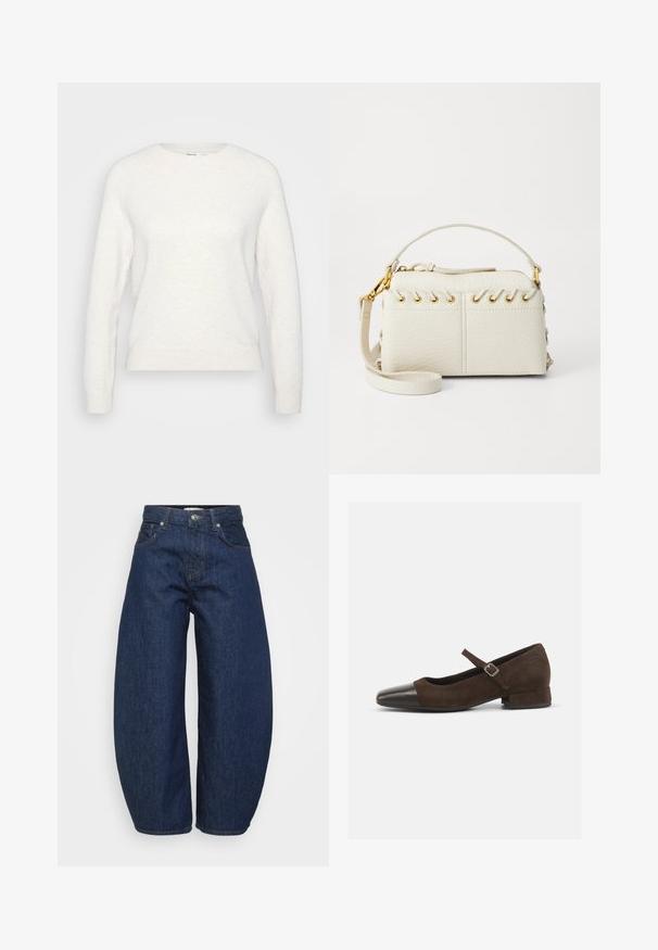Pulover alb cu mânecă lungă, guler rotund, cu manșete și tiv din tricot, expus pe un fundal simplu gri deschis.; Blugi din denim albastru închis, cu croială largă și lejeră. Au închidere cu fermoar, patru buzunare și cusături contrastante de-a lungul cusăturilor.; Pantofii Mary Jane din suede maro cu vârf din piele patentă neagră, curea ajustabilă și tocul jos în formă de bloc. Textură netedă cu accente minime.; Geantă din piele vegană albă, cu fermoar superior, mână scurtă și un bretele removabilă pentru umăr, cu accesorii aurii. Detaliu cu șnur lateral.; Cercel din argint cu un finisaj polișat, având detalii mici din aur și o formă rotundă, purtat pe lobul urechii.