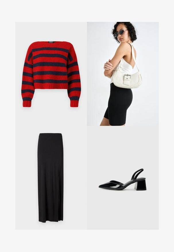 Raudonas ir tamsiai mėlynas dryžuotas trumpas megztinis su raukšlėtu apvadu ir ilgomis rankovėmis, pagamintas iš minkštos mezginio medžiagos. Etiketėje užrašyta "ONLY."; Juoda maksi sijonas, pagamintas iš minkštos, elastingos medžiagos. Jame yra šoninė iškirptė ir paprastas, šiuolaikiškas dizainas be puošmenų.; Juodos lakuotos odinės šlepetės su smailiu pirštu ir geometriniu bloko kulnu. Turi elegantišką, minimalistinį dizainą ir lygų paviršių.; Balta odinė rankinė su kreiva forma, reguliuojama dirželiu ir mažu sagties akcentu. Modelis vilki priglundančius juodus drabužius.
