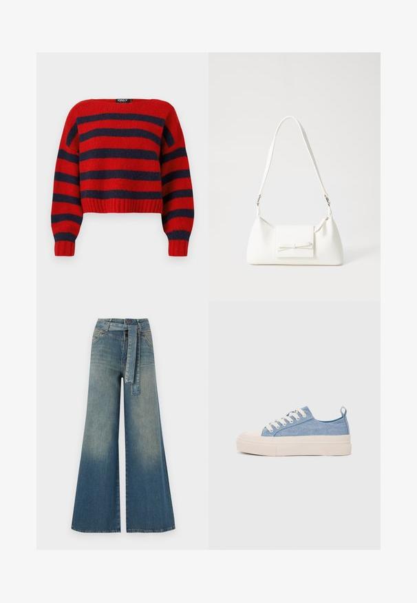 Rood en marineblauw gestreepte cropped trui met een geribde zoom en lange mouwen, gemaakt van zachte breimateriaal. Etiket leest "ONLY."; Wijduitlopende denim broek met een lichte naar donkere blauwe gradient, hoge taille, riemlussen en een bijpassende stoffen riem. Gestructureerde denimafwerking.; Lichtblauwe canvas sneakers met een crème rubberen neuskap en zool, voorzien van witte veters en een trekstrip op de hiel.; Witte synthetische handtas met een driehoekige vorm, platte voorklep en strikdetail, verstelbare schouderriem, gladde textuur en minimalistisch ontwerp.
