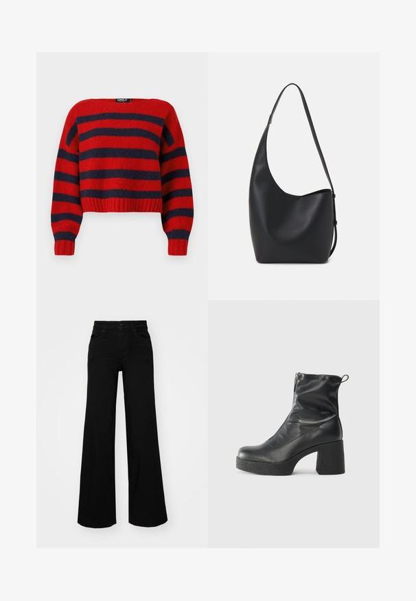 Gestreifter, rot und marineblauer, cropped Pullover mit geripptem Saum und langen Ärmeln, aus weichem Strickmaterial hergestellt. Das Etikett lautet "ONLY."; Schwarze weit geschnittene Hose aus Denim, mit einem strukturierten Bund, Gürtelschlaufen und Fronttaschen. Glatte Textur mit klassischem Design.; Schwarze Stiefeletten aus glattem Leder mit seitlichem Reißverschluss, klobigem strukturiertem Absatz und runder Zehenform.; Schwarze Leder-Hobo-Tasche mit einer glatten Textur, geschwungener Form und einem einzelnen verstellbaren Tragegurt; verfügt über eine weite Öffnung am oberen Ende.