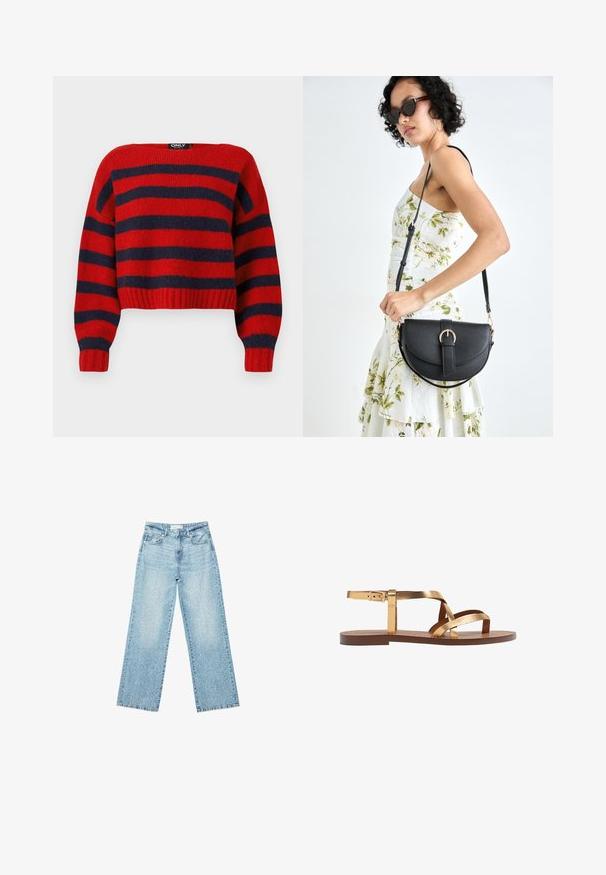 Czerwono-granatowy sweter o krótkim kroju w paski z prążkowanym wykończeniem i długimi rękawami, wykonany z miękkiego materiału dzianinowego. Metka mówi "ONLY."; Jasnoniebieskie jeansy z szerokimi nogawkami i wysokim stanem, z lekko wybledzonym wykończeniem i drobnymi, rozproszonymi przetarciami.; Złote metaliczne płaskie sandały z szerokimi paskami, z zapięciem na kostce oraz brązową płaską podeszwą. Gładka tekstura na całej powierzchni.; Czarna skórzana torebka o zakrzywionym kształcie, z odpinanym paskiem i złotymi akcentami. Torebka posiada klapę z zapięciem w kształcie klamry.