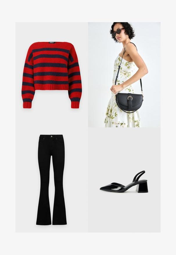 Sarkanais un tumši zils svītrains īss džemperis ar ribotu apakšmalu un garām piedurknēm, izgatavots no mīksta adījuma materiāla. Etiķete ar uzrakstu "ONLY."; Melni augsta jostas šorti ar pogu un rāvējslēdzēju, priekšējām kabatām un izplestām kājām, nolikti uz balta fona.; Melna lakota āda ar atvērto papēdi, ar smailu purngalu un ģeometrisku blokpapēdi. Iezīmējas elegants, minimāls dizains un gluda tekstūra.; Melnas ādas rokassoma ar izliekta formu, noņemamu siksnu un zelta aksesuāriem. Somai ir vāciņš ar sprādzes detaļu.