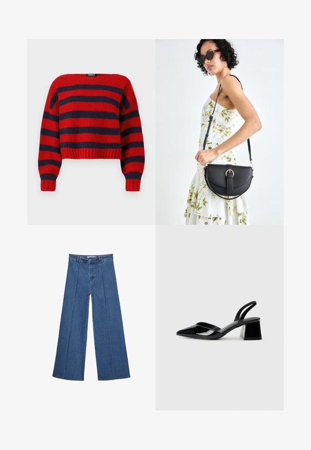Maglione accorciato a righe rosse e blu con orlo a coste e maniche lunghe, realizzato in morbido materiale lavorato a maglia. L'etichetta riporta "ONLY."; Jeans in denim a gamba larga di blu medio, con vita alta, chiusura con bottone e dettagli delle cuciture verticali a contrasto lungo la parte anteriore.; Décolleté in vernice nera con punta affusolata e tacco in geometria cubica. Presentano un design elegante e minimalista, con una texture liscia.; Borsa a tracolla nera in pelle con una forma curva, manico rimovibile e accessori dorati. La borsa presenta una patta con un dettaglio a fibbia.