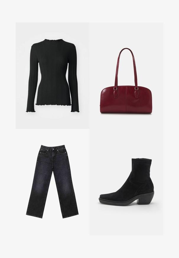 Schwarzes, geripptes Langarmoberteil mit hochgeschlossenem Kragen und gewellten Kanten, das ein enges Design aufweist und das strukturierte Material betont.; Hoch taillierte schwarze Jeans aus Denim mit weitem Bein, Fünf-Taschen-Design und sichtbaren Nähten. Der Stoff hat eine glatte, leicht strukturierte Oberfläche.; Schwarze Wildleder-Stiefelette mit quadratischer Zehenform, niedrigem Blockabsatz und glatter Textur. Verfügt über einen eng anliegenden Schaft und minimalistische Steppnähte.; Zign LEATHER - Handtasche - dark red