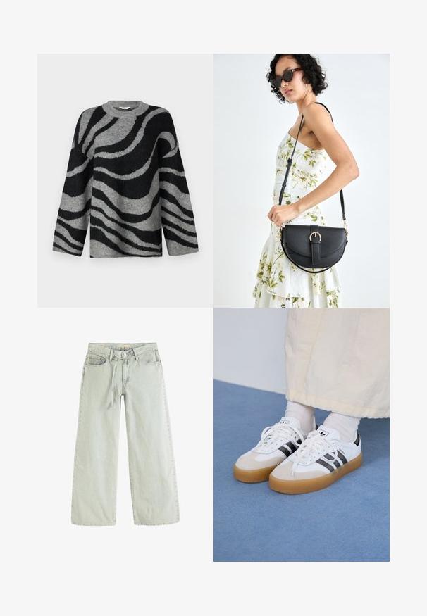 Grauer und schwarzer Pullover mit Zebramuster, aus weichem Stoff gefertigt, mit Rundhalsausschnitt und weiten Ärmeln.; Levi's® Jeans Relaxed Fit - capers-0040; Weiße Sneaker mit schwarzen Streifen und beigen Wildlederakzenten. Besitzen eine strukturierte Gummisohle und flache weiße Schnürsenkel, getragen mit hellen Socken.; Schwarze Lederhandtasche mit geschwungener Form, abnehmbarem Tragegurt und goldenen Beschlägen. Die Tasche verfügt über einen Deckel mit einer Schnallen-Details.
