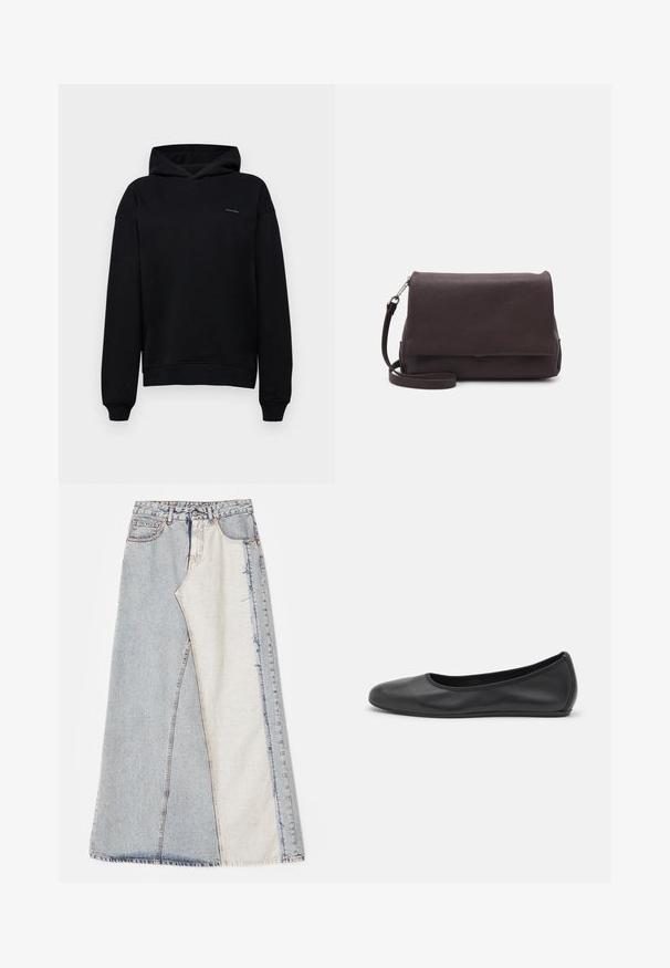 Hanorac negru cu un design clasic, realizat dintr-un material moale. Are un buzunar frontal, manșete cu falduri și un mic logo pe piept.; Fustă din denim cu un design patchwork, având secțiuni de albastru deschis și mediu, margini desfăcute și talie înaltă. Stil clasic cu cinci buzunare.; Balerini din piele neagră, cu vârf rotund, textură netedă, detalii de cusătură minimale și un design al tălpii flexibil.; Tiger of Sweden LIMBIATE UNISEX - Geantă crossbody - pure decadence