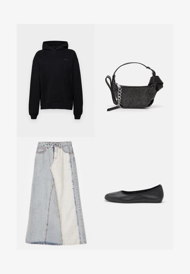 Sudadera negra con un diseño clásico, hecha de una tela suave. Presenta un bolsillo frontal, puños acanalados y un pequeño logo en el pecho.; Falda de mezclilla con un diseño de patchwork que presenta secciones en azul claro y medio, dobladillos deshilachados y cintura alta. Estilo clásico de cinco bolsillos.; Bailarina de piel negra con punta redondeada, textura suave, detalle de costura minimalista y diseño de suela flexible.; Bolso de mano negro con adornos de tachuelas, una correa de cadena y un asa de cuero suave, con forma redondeada y compartimento con cremallera.