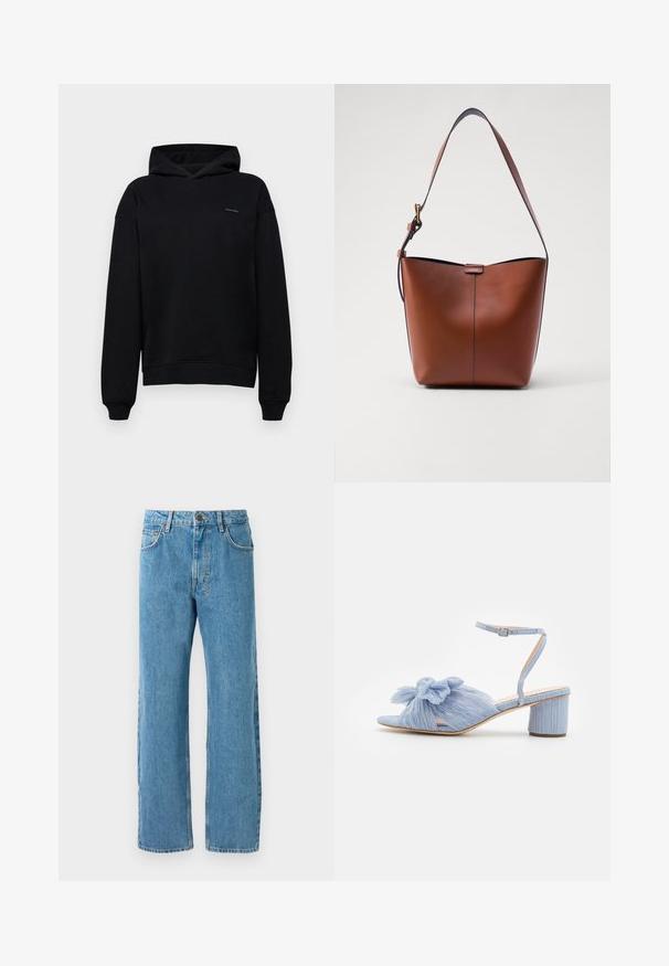 Felpa nera con un design classico, realizzata in tessuto morbido. Presenta una tasca frontale, polsini a coste e un piccolo logo sul petto.; Jeans in denim azzurro chiaro con una vestibilità ampia, dotati di vita alta, quattro tasche e chiusura con zip. Design classico a cinque tasche.; Loeffler Randall DAHLIA BOW LOW HEEL - Sandali - blue; Borsa a spalla in pelle marrone con forma curvata, texture liscia e una sottile tracolla. Presenta una cucitura discreta e un piccolo dettaglio con logo.