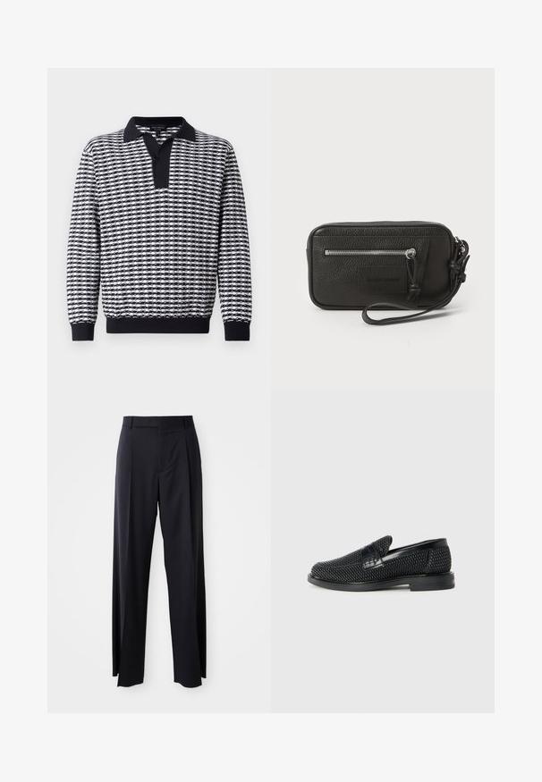 Czarny i biały sweter z długim rękawem w wzory, z kołnierzykiem, posiadający listwę z guzikami oraz prążkowane mankiety u dołu i na rękawach.; Czarne, wysokie spodnie o szerokim kroju, wykonane z gładkiego materiału. Posiadają zakładki z przodu i paski na pasek. Minimalistyczny design, bez widocznych elementów metalowych.; Czarny, pleciony but wsuwany z gładkim skórzanym akcentem na cholewce, o okrągłym nosku i niskoprofilowej gumowej podeszwie.; Czarna skórzana kopertówka o teksturowanej powierzchni, z przednią kieszenią na zamek błyskawiczny i odpinanym uchwytem na nadgarstek. Posiada naszywkę z logo z przodu. Prostokątny kształt.