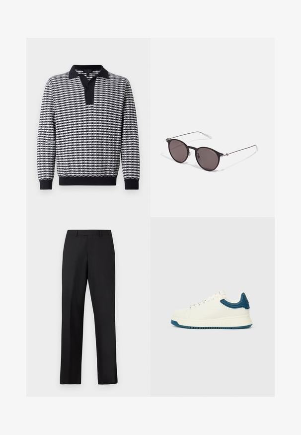 Fekete-fehér mintázatú, galléros, hosszú ujjú pulóver, gombos záródással és bordás mandzsettával a szegélyen és az ujjakon.; Fekete, egyenes szárú nadrág sima anyagból. Standard derékpánttal rendelkezik, és nincsenek látható minták vagy díszítések.; Fehér sportcipő sima felülettel, kék textúrázott kiemelésekkel a cipőszár körül és vastag talppal. Kerek fűzőkkel és alacsony szárú kialakítással rendelkezik.; Fekete kerek napszemüveg sötét lencsékkel és karcsú fém szárakkal. Átlátszó szárvégeket és ezüst részleteket tartalmaz az ívnél. Minimalista dizájn.