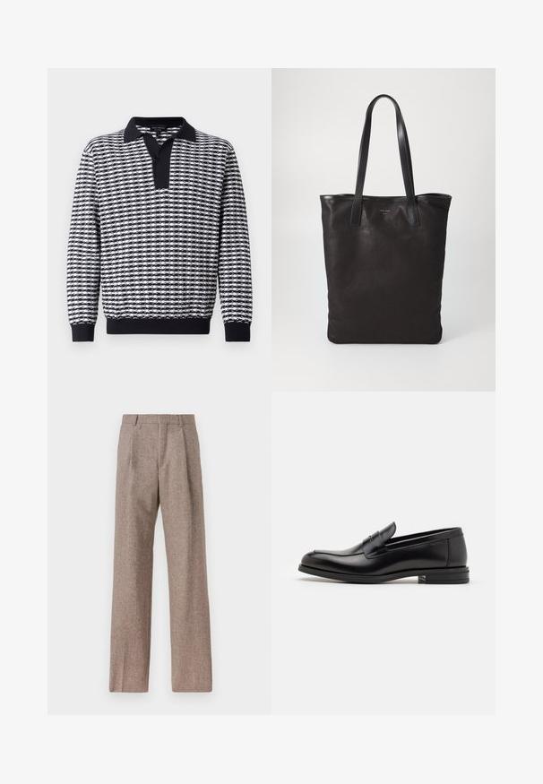 Czarny i biały sweter z długim rękawem w wzory, z kołnierzykiem, posiadający listwę z guzikami oraz prążkowane mankiety u dołu i na rękawach.; Brązowe, wysokiej talii spodnie wykonane z teksturowanej tkaniny. Posiadają szerokie nogawki i dwa przednie zakładki dla lepszej struktury. Starannie wykończone, bez widocznych elementów metalowych.; Czarne skórzane mokasyny o gładkiej fakturze, zaokrąglonym nosku i dekoracyjnym pasku na przodzie. Niski, warstwowy obcas, minimalistyczny design.; Czarna torba na ramię z czarnymi skórzanymi uchwytami. Prosty design, pojemne wnętrze i gładka faktura. Bez widocznych logo ani wzorów.
