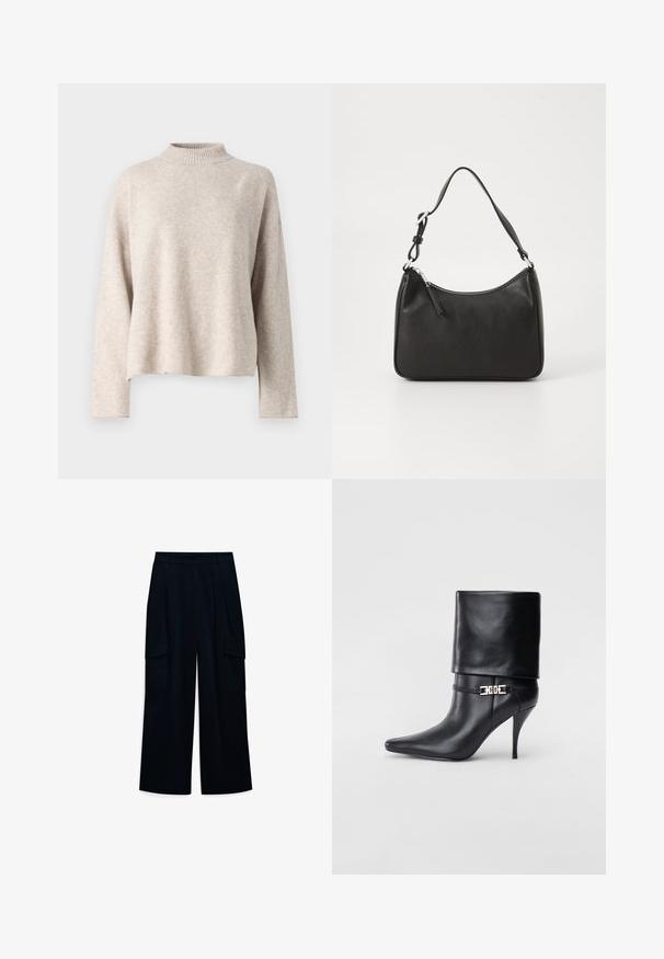 Pulover tricotat bej cu guler înalt, umeri căzuți și mâneci lungi. Textură moale și croială lejeră. Fără modele vizibile sau accesorii metalice.; Pantaloni evazați, cu talie înaltă, dintr-un material în nuanță închisă de bleumarin. Prezintă plisuri și două buzunare laterale de tip cargo. Textură netedă, cu un design curat.; Botine negre din piele, cu vârf ascuțit, toc înalt și subțire, cu manșetă pliată și un detaliu decorativ cu cataramă aurie la gleznă.; Geantă de mână din piele neagră, cu o formă curbată, curea unică, închidere cu fermoar și un branding subtil pe față. Textură fină, design minimalist.