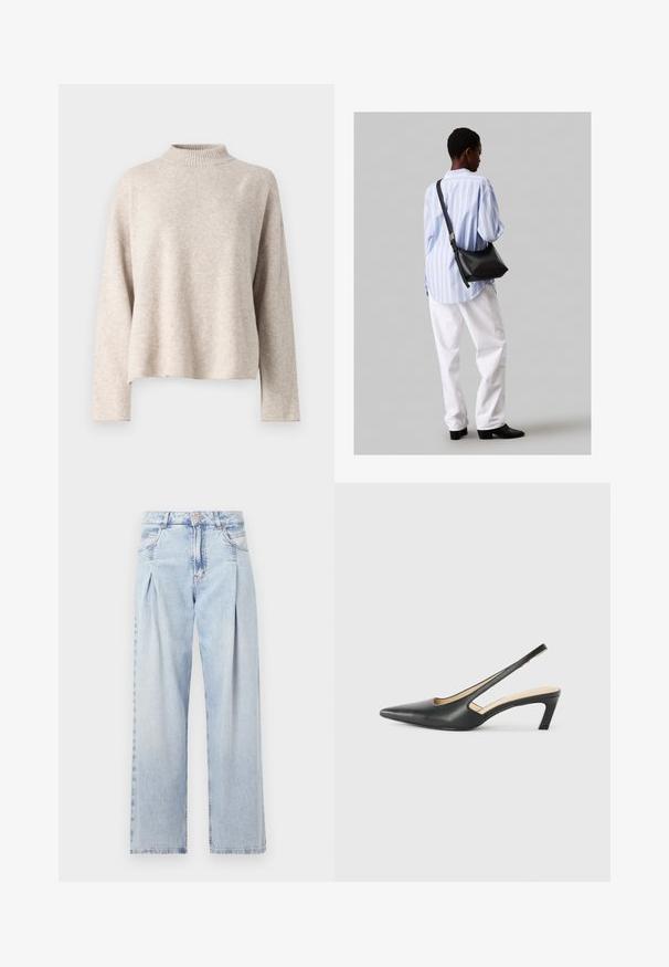 Beiger Strickpullover mit hohem Kragen, überschnittenen Schultern und langen Ärmeln. Weiche Textur und lockere Passform. Keine sichtbaren Muster oder Beschläge.; Helle blaue Denim-Jeans mit hoher Taille, weitem Beinschnitt, zwei seitlichen Taschen und gefaltetem Design. Weiche Textur mit einem ausgebleichten Finish.; Schwarzer spitz zulaufender Slingback-Schuh mit niedrigem Absatz, der aus glattem Leder gefertigt ist und seitliche Ausschnitte für Atmungsaktivität aufweist.; Schwarze Leder-Umhängetasche mit weicher Textur, dreieckiger Form und verstellbarem Tragegurt, kombiniert mit einem hellblauen gestreiften Hemd und weißen Hosen.