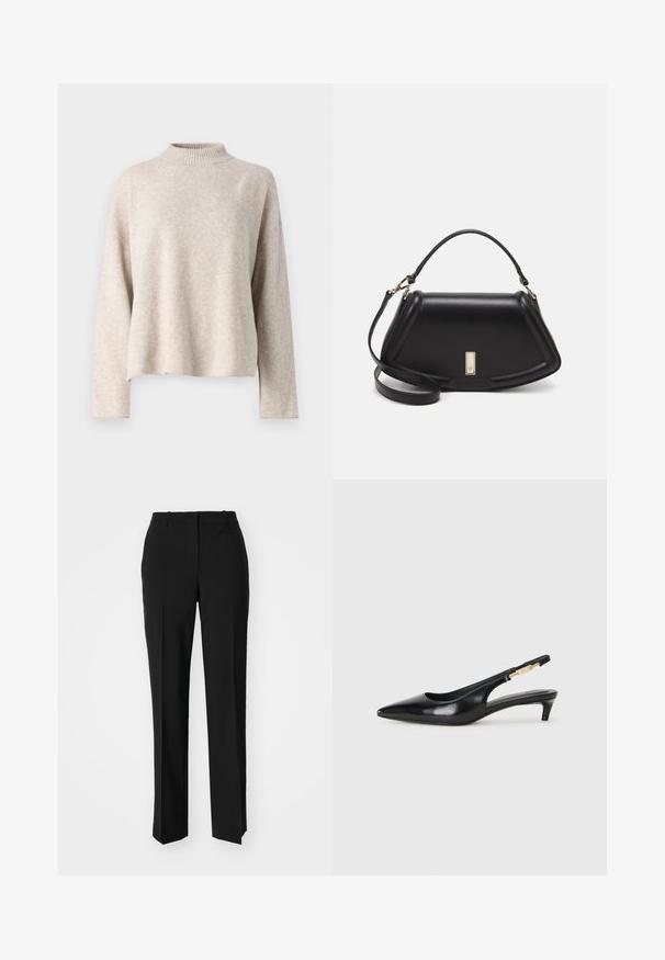 Beige knit sweater with a high neck, dropped shoulders, and long sleeves. Soft texture and a relaxed fit. No visible patterns or hardware.; Black tailored trousers with a straight-leg design, featuring a smooth texture and crisp creases along the front. No visible hardware.; Black leather slingback heels with a pointed toe, featuring a slim heel and a gold-tone accent on the adjustable strap. Smooth texture.; Black leather handbag with a structured design, featuring a cropped shape, top handle, and gold hardware accent. Adjustable shoulder strap included.