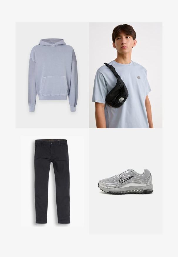 Light blue hoodie with a front pocket, drawstring hood, and ribbed cuffs. Made of soft, textured fabric with a relaxed fit.; Black chino pants made of cotton. Features a standard taper design, front pockets, and a button closure with a smooth texture.; Gray Nike Air Max sneakers featuring a mesh and synthetic upper, wave-like design, black accents, and a visible air cushioning unit.; Black nylon crossbody bag with adjustable strap, featuring a prominent white logo. Worn over a light blue t-shirt. Simple, functional design.