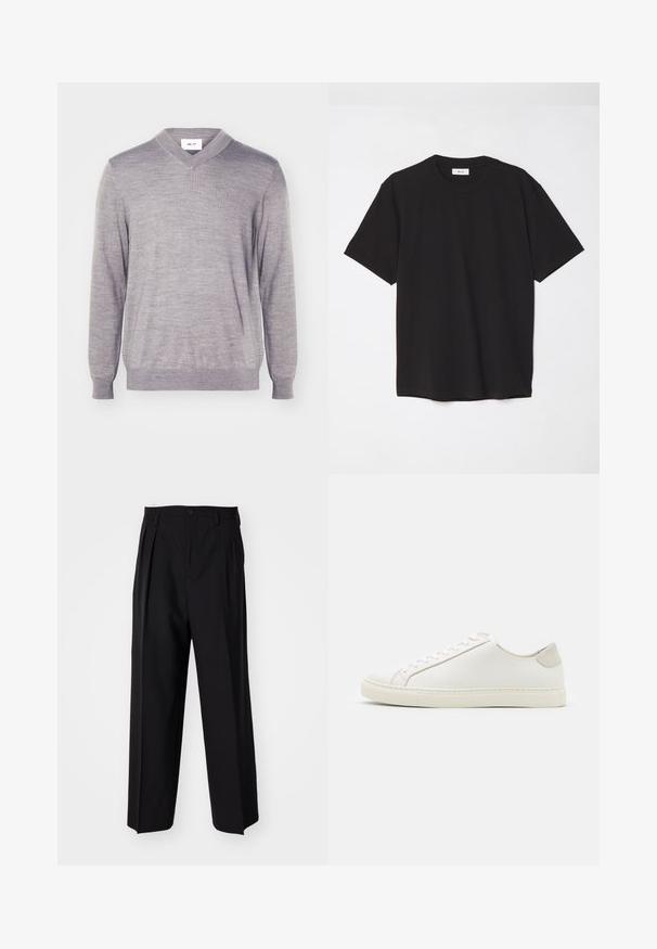 V-pääntie neule vaaleanharmaana, valmistettu pehmeästä materiaalista. Ominaisuuksiin kuuluu pitkät hihat ja ribattu helma. Ei kuvioita eikä erityisiä varusteita.; Mustat puuvillapaitat, joissa on pyöreä kaula-aukko, lyhyet hihat ja rento malli. Yksinkertainen muotoilu, sileä pinta ilman näkyviä kuvioita tai logoja.; Mustat laskostetut housut, joissa on suora, leveä lahje. Valmistettu sileästä kankaasta, jossa on nappisuljenta ja vyölenkit.; Valkoinen nahkakengät, joissa on sileä pinta, pyöreä kärki ja minimalistiinen muotoilu. Varressa beige-yksityiskohtia ja kumipohja.