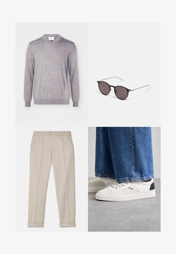 Pull en V de couleur gris clair, fabriqué en matériau doux. Il possède des manches longues et un ourlet côtelé. Aucun motif ni accent matériel notable.; Filippa K TERRY CROPPED TROUSERS - Pantalon classique - sage melange; Baskets blanches et noires avec une tige en cuir lisse, des accents texturés et une semelle épaisse blanche. Présentent un design classique à lacets.; Lunettes de soleil noires rondes avec verres sombres et branches en métal fines. Comprend des embouts transparents et des accents argentés au niveau de la charnière. Design minimaliste.