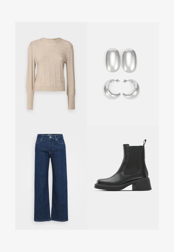 Beige pletený svetr s vlnitým vzorem, žebrovanými manžetami a kulatým výstřihem. Textura je měkká a lehká.; Tmavě modré široké džínové kalhoty vyrobené z denimové látky, s pohodlným středním pasem, dvěma předními kapsami a prošíváním podél švů.; Černé kožené kotníkové boty s elastickými bočními panely, kulatou špičkou a silným blokovým podpatkem. Hladká textura s minimalistickým designem.; Stříbrné náušnice set: dva oválné pecky a dva kroužky ve tvaru půlměsíce, s lesklým, hladkým povrchem a zaobleným designem.