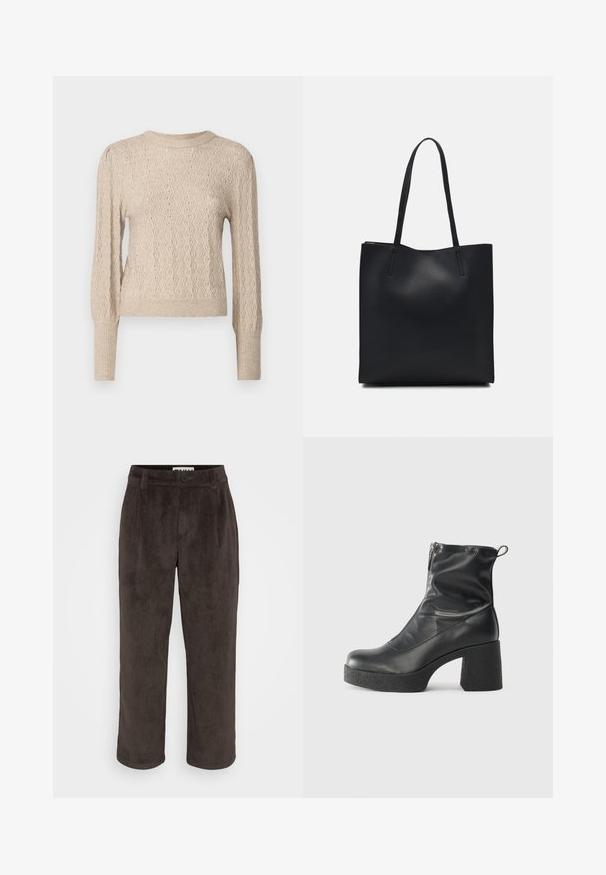 Pulover tricotat bej cu un model ondulat, mâneci cu bordură și guler tip crew. Textura este moale și are o senzatie ușoară.; Pantaloni din catifea bere cu un design drept, textură subtilă și închidere frontală cu buton, având buzunare laterale.; Bocanci negri de glezna din piele netedă, cu fermoar lateral, toc texturat și masiv, și design cu vârf rotund.; Geantă tote neagră din piele, cu textură netedă, formă rectangulară și două mânere lungi. Fără hardware vizibil sau ornamente.